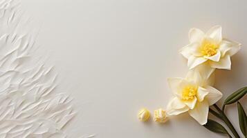 AI generated An understated Easter place card design showcasing an embossed daffodil on ivory cardstock. photo