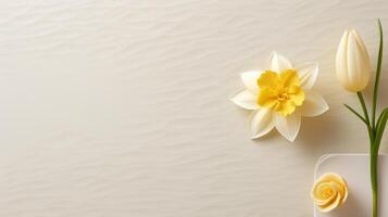 AI generated An understated Easter place card design showcasing an embossed daffodil on ivory cardstock. photo