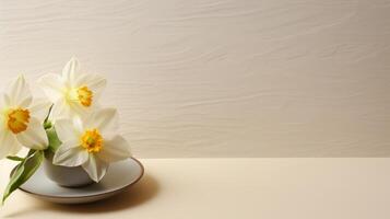 AI generated An understated Easter place card design showcasing an embossed daffodil on ivory cardstock. photo