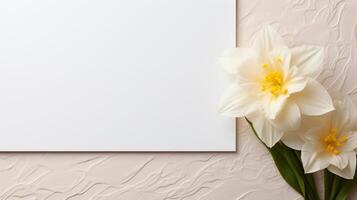 AI generated An understated Easter place card design showcasing an embossed daffodil on ivory cardstock. photo