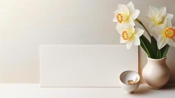 AI generated An understated Easter place card design showcasing an embossed daffodil on ivory cardstock. photo