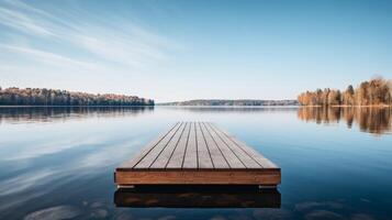 ai generado un desocupado plataforma en un tranquilo orilla del lago, con como espejo aguas reflejando el alrededores. foto
