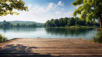AI generated An unoccupied stage on a tranquil riverside, with gentle waters and a serene natural setting. photo