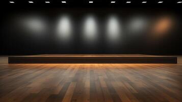 AI generated An upscale empty conference stage with polished wood flooring and a sophisticated gray backdrop. photo