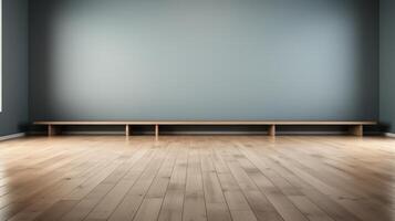 AI generated An upscale empty conference stage with polished wood flooring and a sophisticated gray backdrop. photo