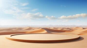 ai generado un intacto plataforma con vista a un minimalista Desierto paisaje con vasto arena dunas. foto