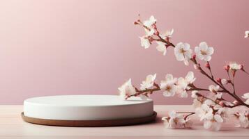 AI generated Product Presentation on a Round Podium Platform with Spring Flowering Tree Branch and White Blossom Flowers on a Pastel Background. photo