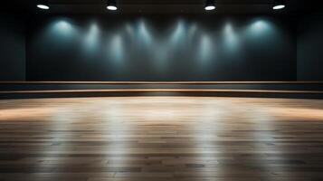 AI generated An upscale empty conference stage with polished wood flooring and a sophisticated gray backdrop. photo