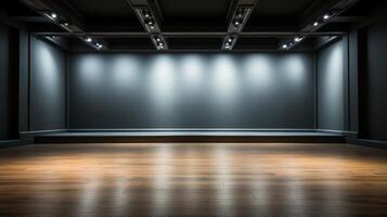 AI generated An upscale empty conference stage with polished wood flooring and a sophisticated gray backdrop. photo