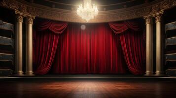 AI generated An upscale empty theater stage with dramatic, floor-to-ceiling red curtains and a classic backdrop. photo