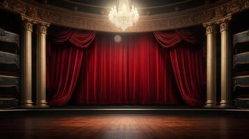 AI generated An upscale empty theater stage with dramatic, floor-to-ceiling red curtains and a classic backdrop. photo