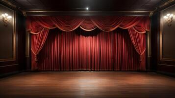 AI generated An upscale empty theater stage with dramatic, floor-to-ceiling red curtains and a classic backdrop. photo