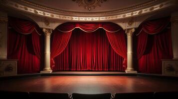 AI generated An upscale empty theater stage with dramatic, floor-to-ceiling red curtains and a classic backdrop. photo