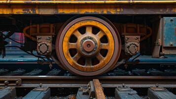 AI generated A close-up of a subway train's wheels on tracks, a reminder of urban transportation's mechanics photo