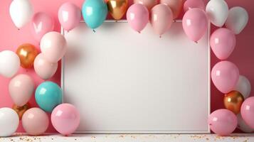 AI generated A chic backdrop with a modern frame and vibrant, confetti-filled balloons suspended in the air photo