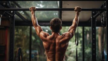 AI generated A dedicated individual doing pull-ups on a sturdy bar, striving for greater upper body power photo
