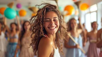 ai generado un grupo de amigos bailando con escobas, torneado limpieza dentro un animado casa fiesta. foto