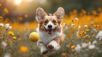 ai generado un mullido corgi saltando para un tenis pelota, orejas volador, en medio de floreciente flores silvestres foto