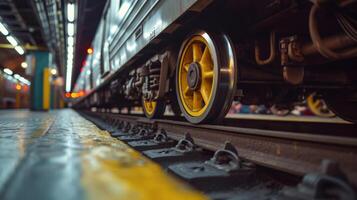 AI generated A close-up of a subway train's wheels on tracks, a reminder of urban transportation's mechanics photo