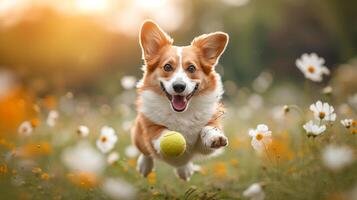 ai generado un mullido corgi saltando para un tenis pelota, orejas volador, en medio de floreciente flores silvestres foto