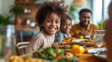 ai generado un familia reunido alrededor un mesa, compartiendo la risa y un casero comida foto