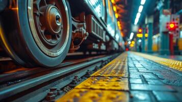 ai generado un de cerca de un subterraneo tren ruedas en pistas, un recordatorio de urbano transporte mecánica foto