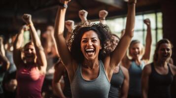 AI generated A group of friends participating in a fun and challenging team-building fitness class photo