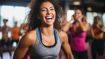 ai generado un grupo de personas participativo en un animado y energético danza aptitud clase foto