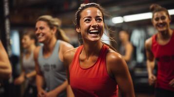 AI generated A group of friends participating in a fun and challenging team-building fitness class photo