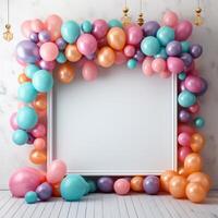 AI generated A minimalist party display with an understated frame and floating balloons in rainbow colors photo