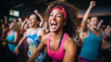 AI generated A group of people participating in a lively and energetic dance fitness class photo