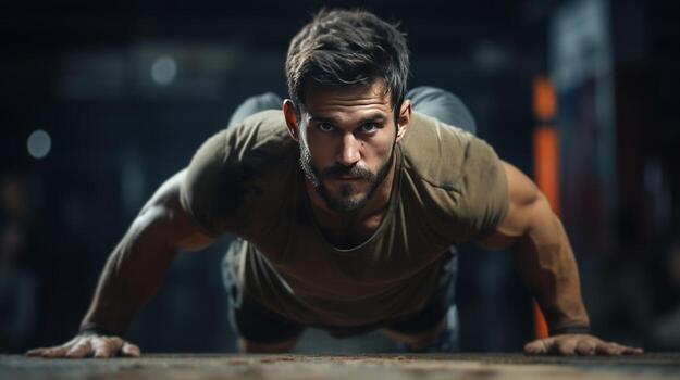 AI generated A man doing push-ups with perfect form, focusing on building upper body strength photo
