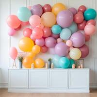 AI generated A minimalist party display with an understated frame and floating balloons in rainbow colors photo