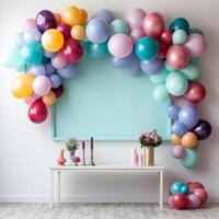 AI generated A minimalist party display with an understated frame and floating balloons in rainbow colors photo