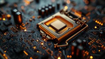 AI generated A close-up of a motherboard's intricate layout, an ode to technological complexity photo