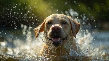 ai generado un Labrador salpicaduras en un espumoso estanque, exudando puro felicidad en un caliente verano día foto