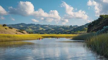 AI generated A lakeside gathering with kayaking, fishing, and a scenic backdrop of rolling hills photo