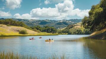 AI generated A lakeside gathering with kayaking, fishing, and a scenic backdrop of rolling hills photo