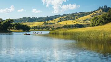 AI generated A lakeside gathering with kayaking, fishing, and a scenic backdrop of rolling hills photo