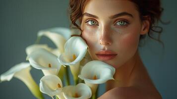 AI generated A mesmerizing woman with a bouquet of calla lilies, their elegance mirroring her own photo