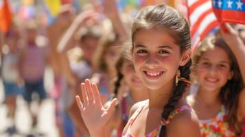 AI generated A patriotic parade featuring marching bands, waving flags, and smiling spectators photo