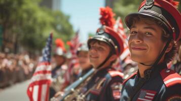 ai generado un patriótico desfile presentando de marcha bandas, ondulación banderas, y sonriente público foto