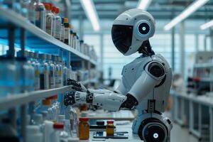 AI generated A robotic assistant aiding a scientist in a high-tech laboratory, advancing research and discovery photo