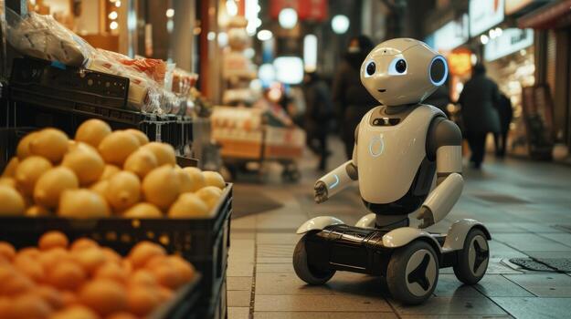 AI generated A robot delivering groceries to a grateful customer, showcasing convenience in daily life photo
