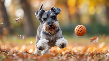 ai generado un Schnauzer disfrutando un juego de buscar, volviendo el pelota con precisión foto