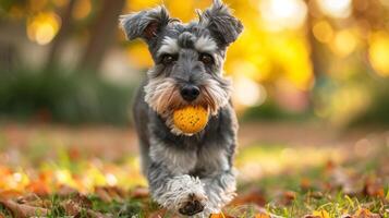 ai generado un Schnauzer disfrutando un juego de buscar, volviendo el pelota con precisión foto