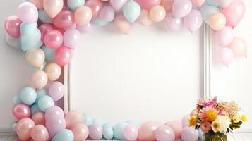 AI generated A serene celebration setup with a wooden frame and clusters of delicate, pastel balloons photo