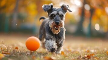 ai generado un Schnauzer disfrutando un juego de buscar, volviendo el pelota con precisión foto