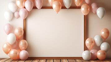 AI generated A serene celebration setup with a wooden frame and clusters of delicate, pastel balloons photo