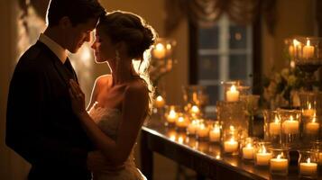 ai generado un robado momento como el Pareja roba un Beso durante su elegante, alumbrado por velas recepción foto